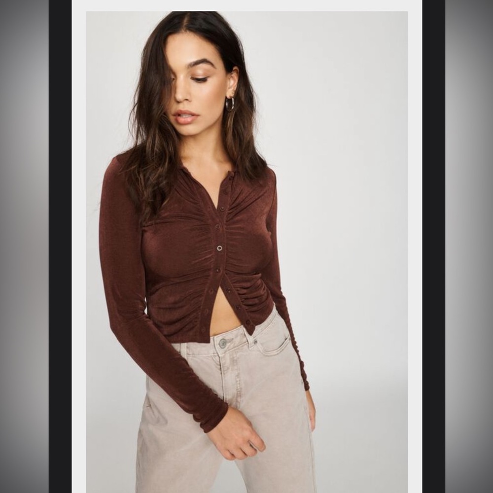 NWT Garage Long Sleeve Brown Ruched Satin Button Down Blouse
